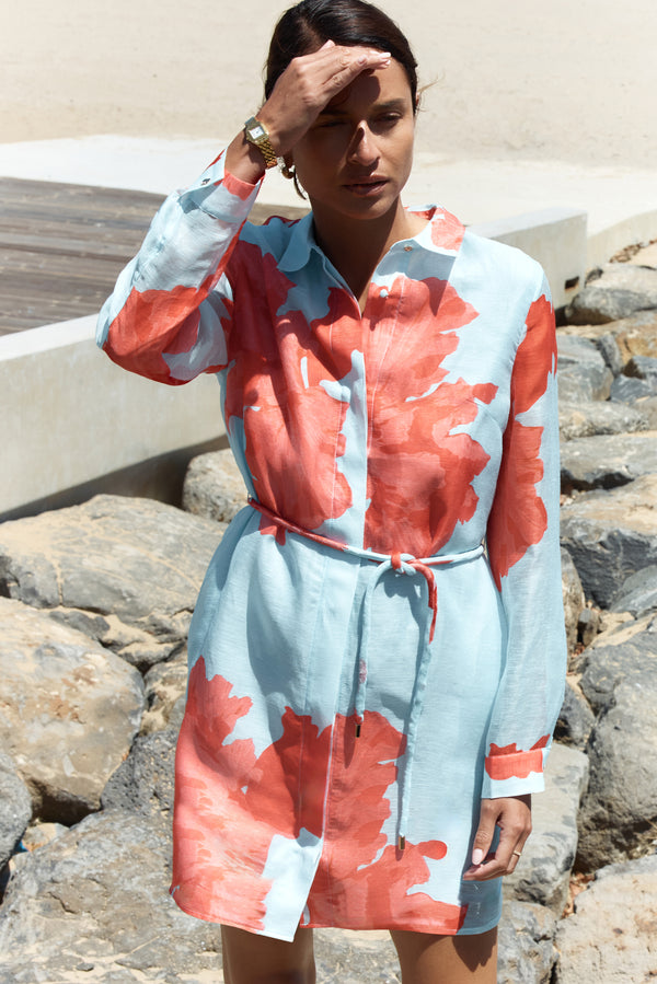 NADA OVERSIZED MINI SHIRT DRESS - RED FLORAL PRINT