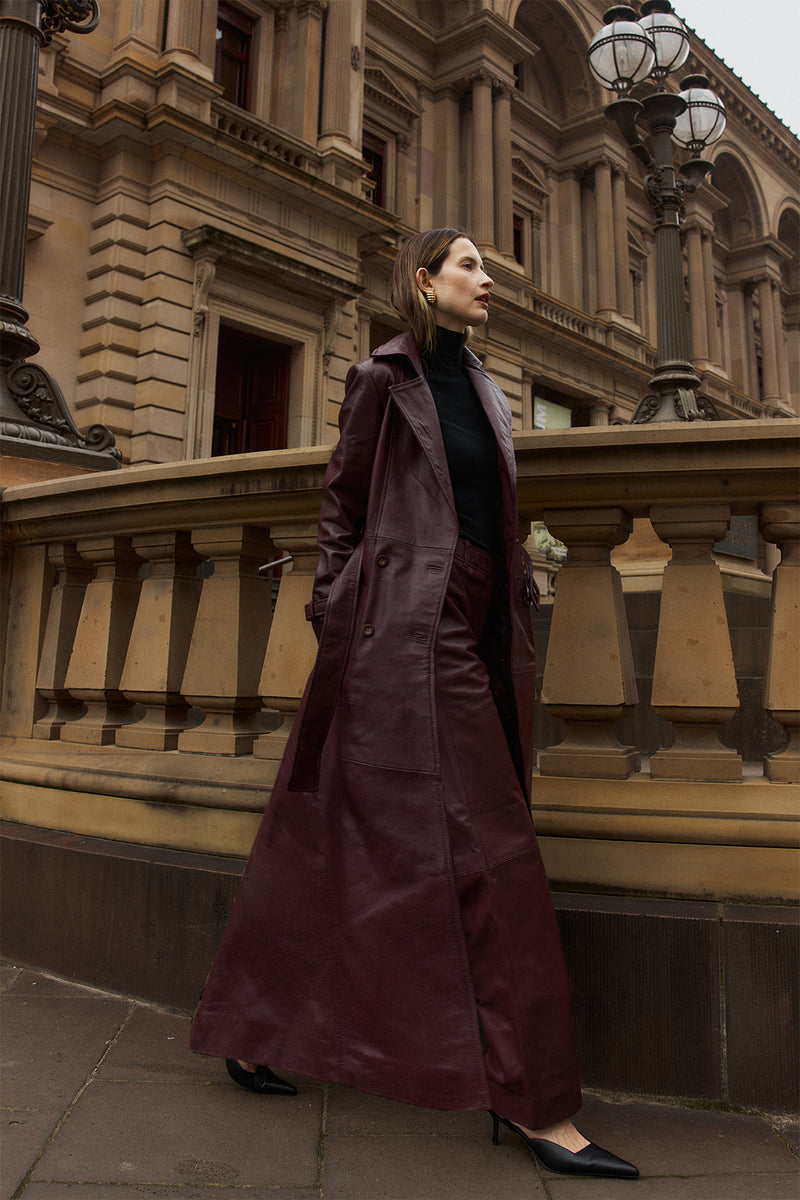 JULIA LONG LINE LEATHER COAT - WINE