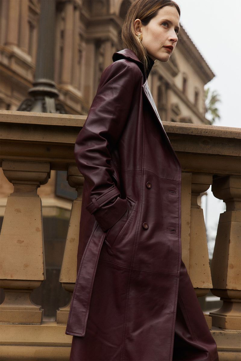 JULIA LONG LINE LEATHER COAT - WINE