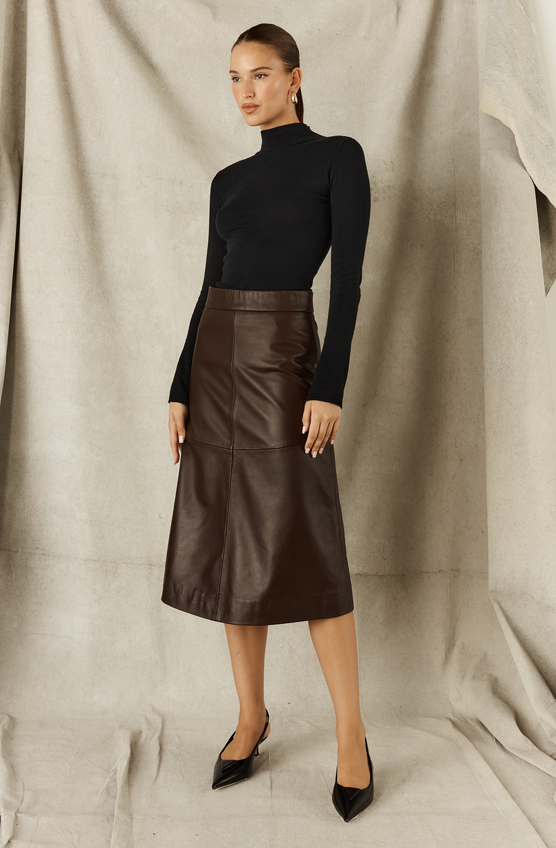 LEATHER MIDI SKIRT - CHOCOLATE BROWN PRE-ORDER AVAILABLE (DELIVERING MID MAY)