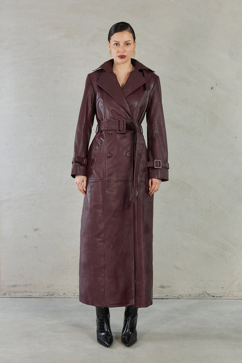 JULIA LONG LINE LEATHER COAT - WINE