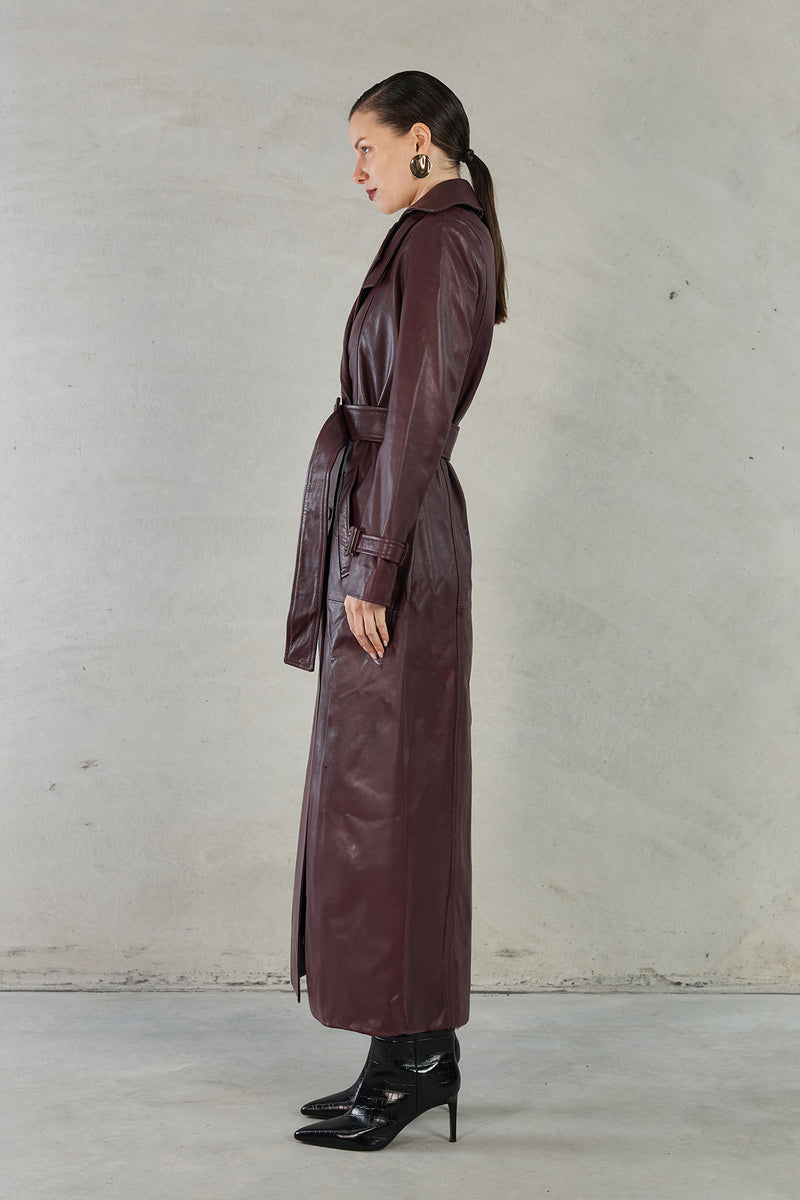 JULIA LONG LINE LEATHER COAT - WINE