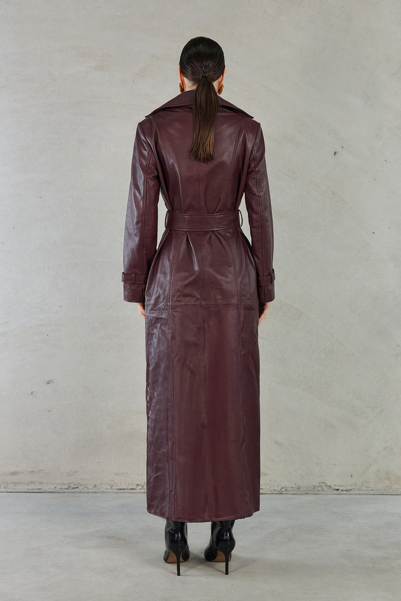 JULIA LONG LINE LEATHER COAT - WINE