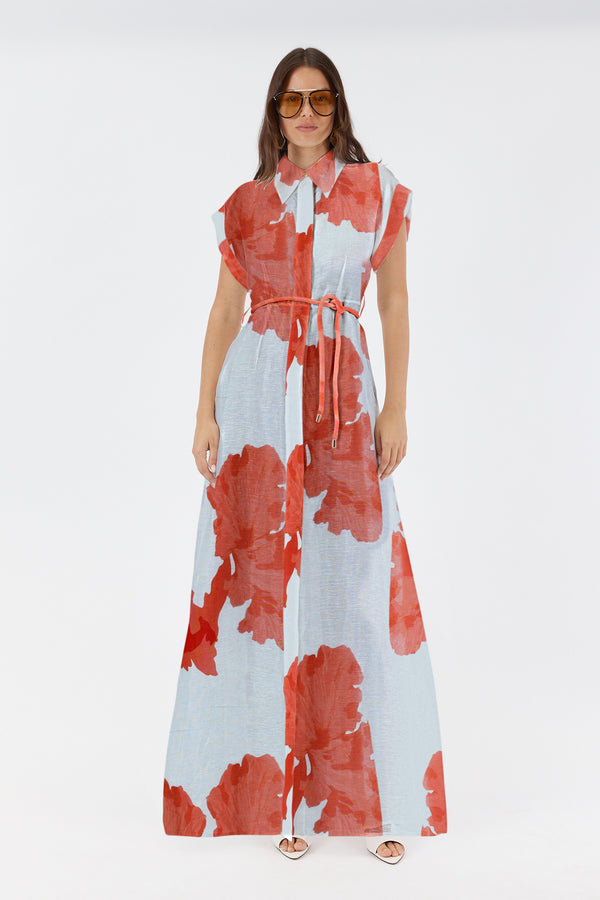 LEANNE MAXI SHIRT DRESS - RED FLORAL PRINT - PRE ORDER