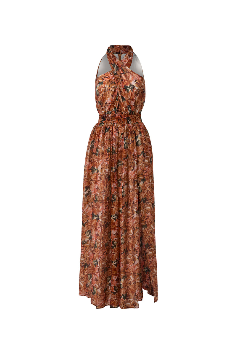 Orange Floral Halter Maxi Dress