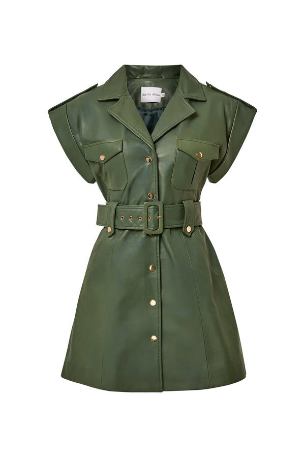 LEATHER MILITARY DRESS - CHIVE